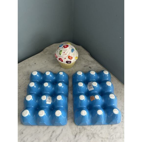 2 Ceramic Blue Egg Crates for Easter Eggs Refrigerator Jelly Belly Cupcake Dish - Picture 3 of 11